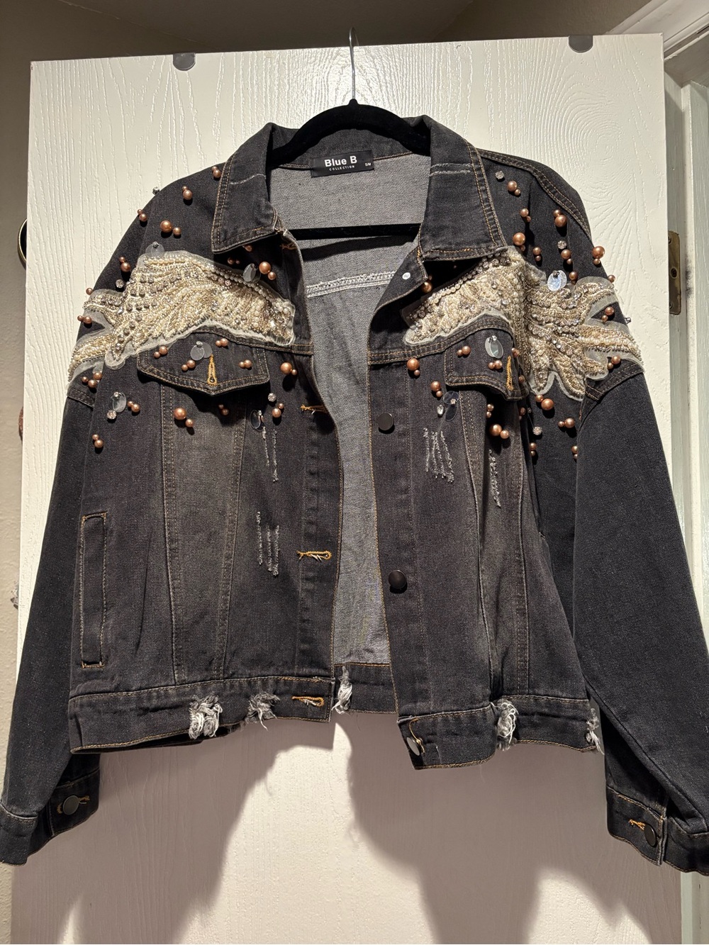 Blue B Black Embellished Denim Jacket with Pearl & Bead Detail
